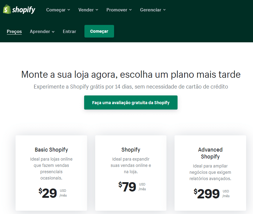 shopify preços