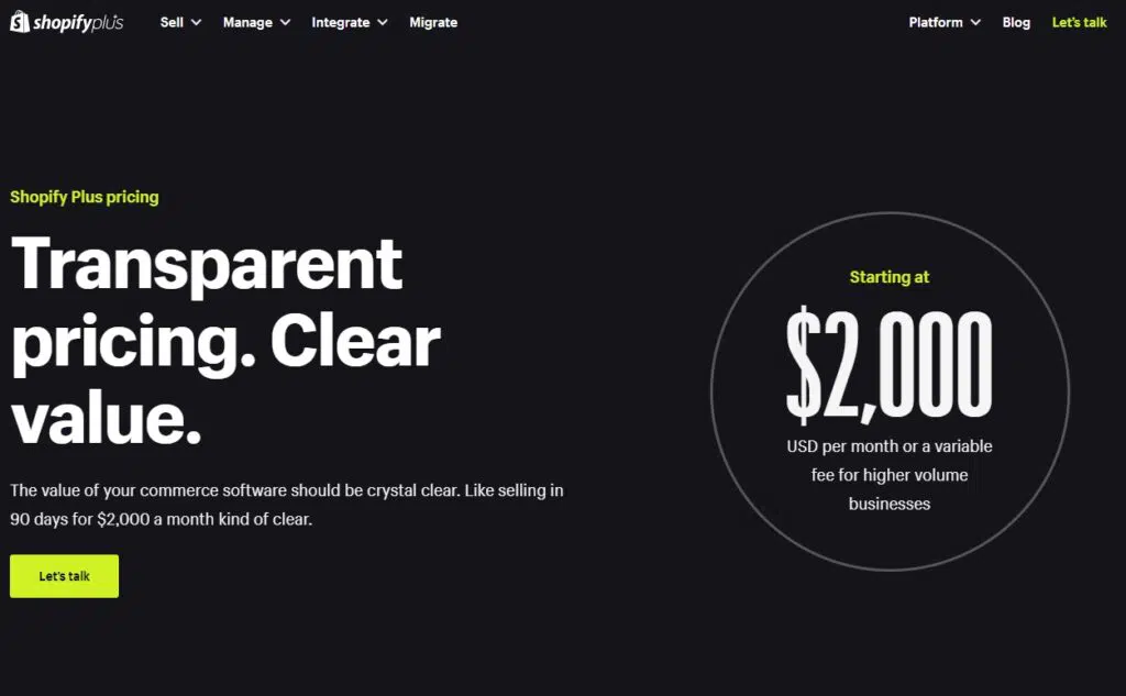 Shopify Plus - preços começam em $2.000,00